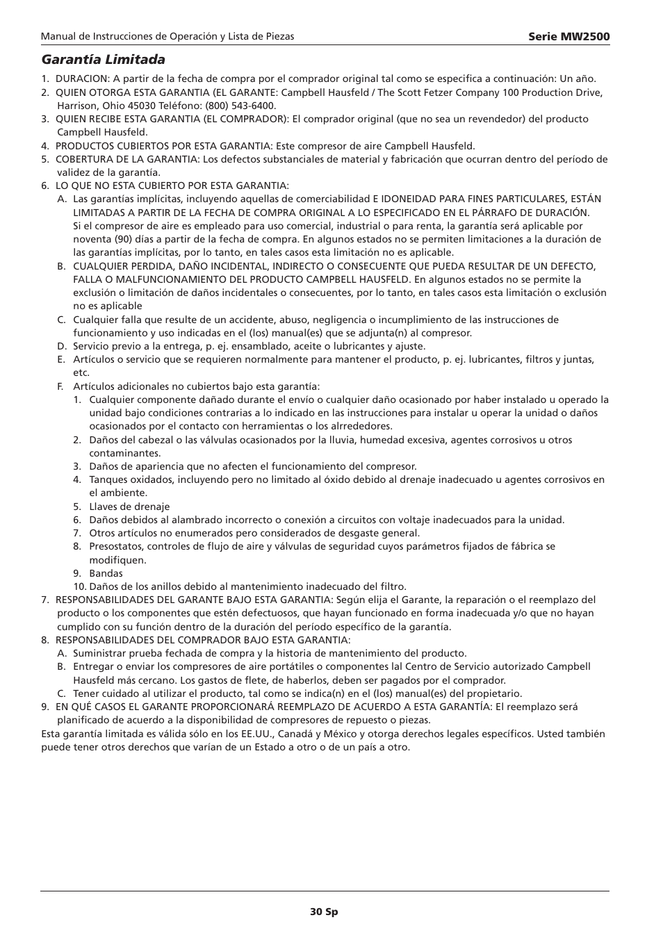 Garantía limitada | Campbell Hausfeld IN634000AV User Manual | Page 30 / 32