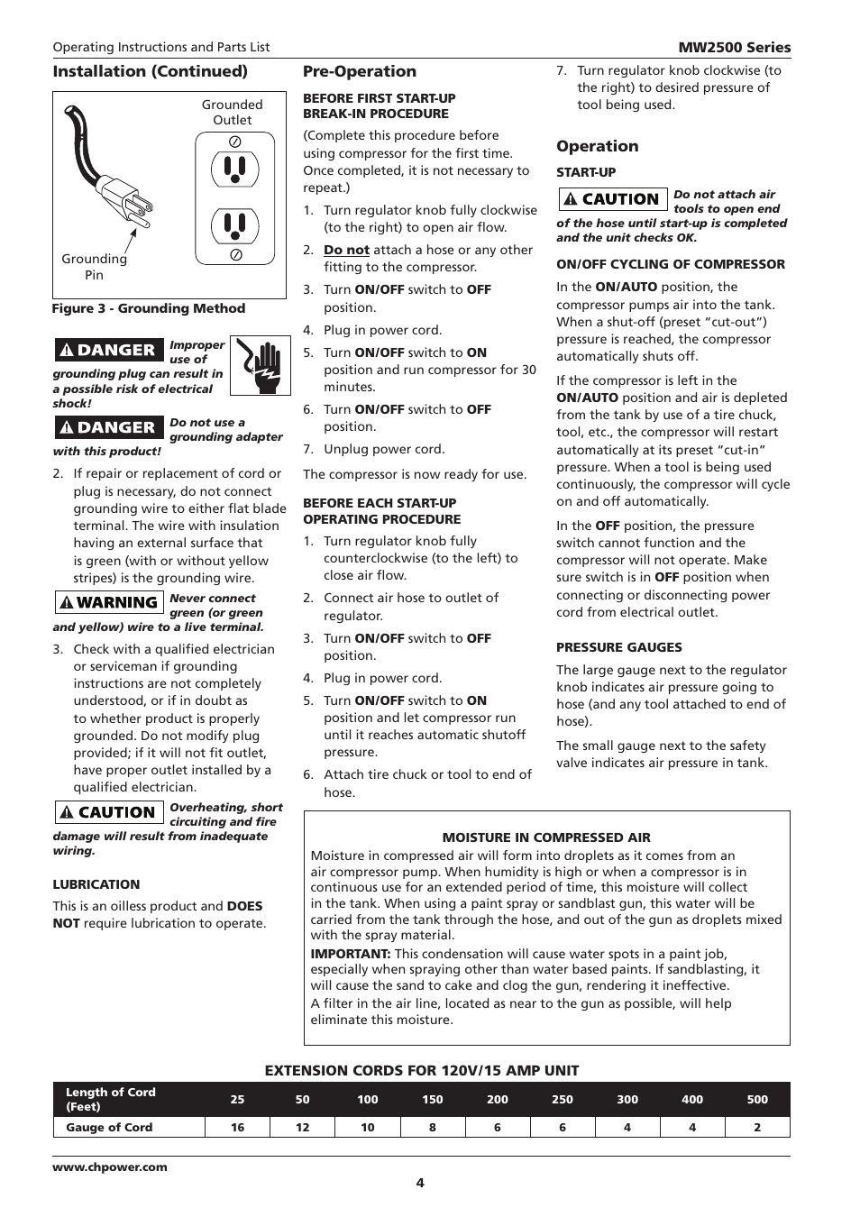 Installation (continued), Pre-operation, Operation | Campbell Hausfeld IN634000AV User Manual | Page 4 / 32