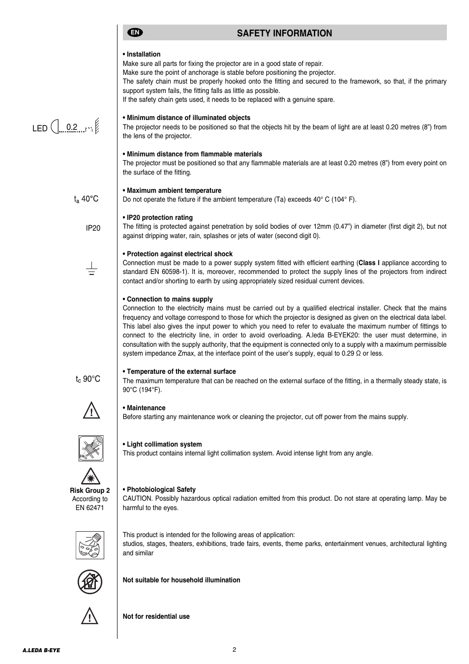 2 safety information 4 informazioni di sicurezza, Safety information | Clay Paky A.LEDA B-EYE K20 User Manual | Page 2 / 40