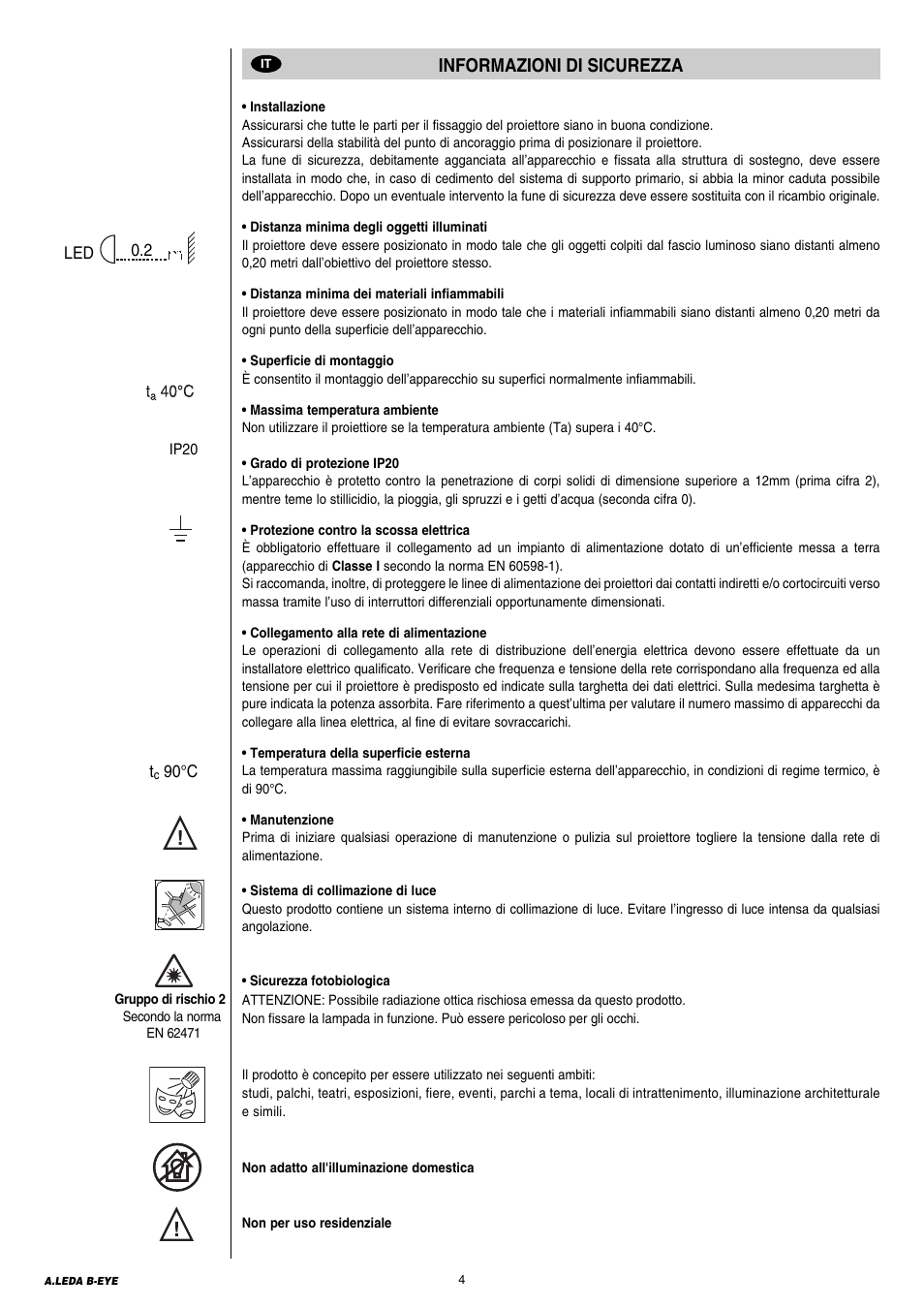 Informazioni di sicurezza | Clay Paky A.LEDA B-EYE K20 User Manual | Page 4 / 40