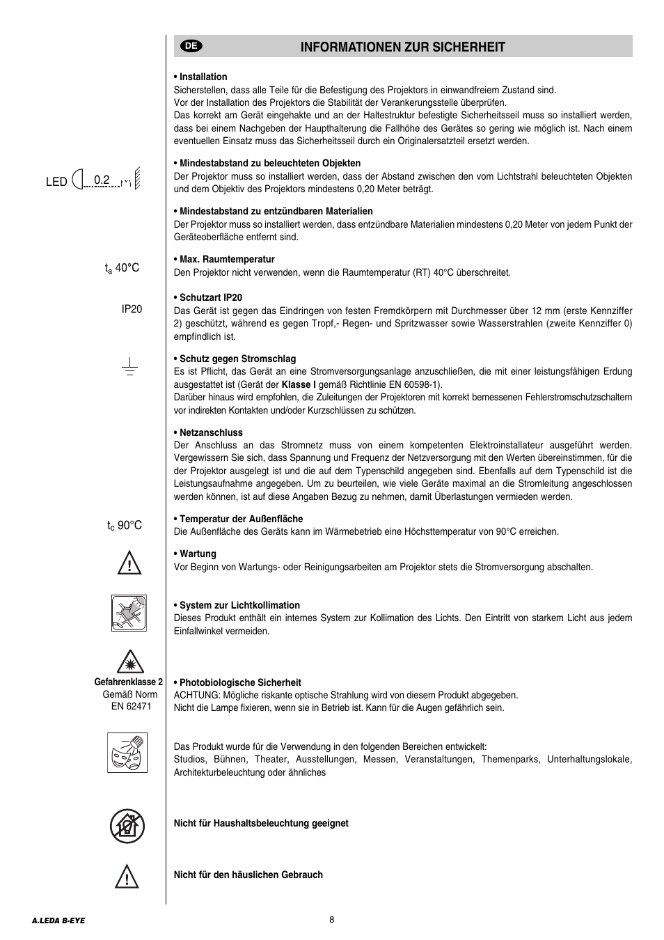 Informationen zur sicherheit | Clay Paky A.LEDA B-EYE K20 User Manual | Page 8 / 40