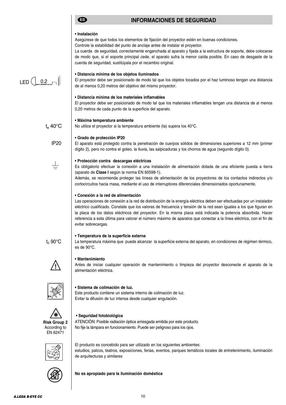10 informaciones de suguridad, Informaciones de seguridad | Clay Paky A.LEDA B-EYE K20 CC User Manual | Page 10 / 32