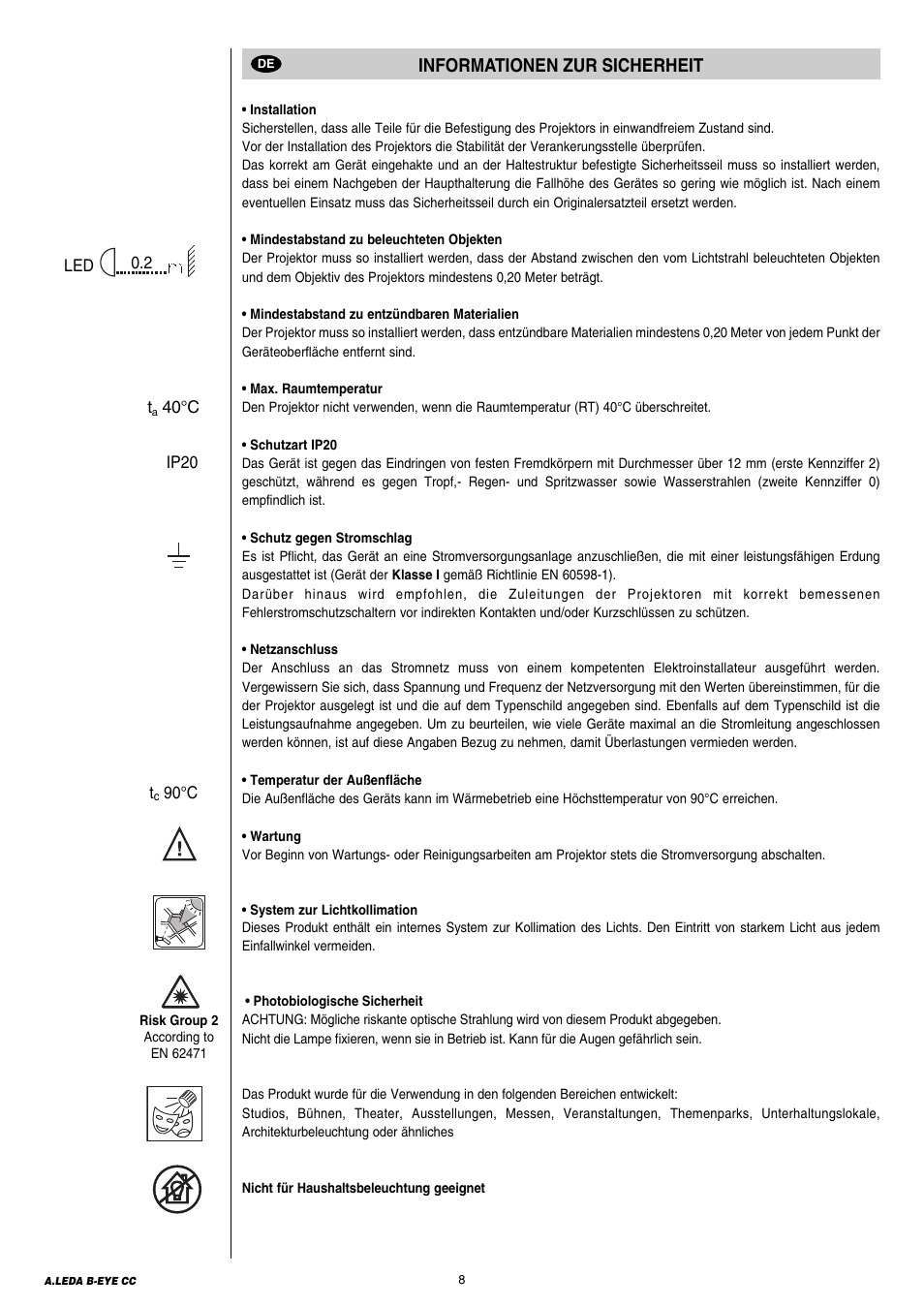 8 informationen zur sicherheit, Informationen zur sicherheit | Clay Paky A.LEDA B-EYE K20 CC User Manual | Page 8 / 32