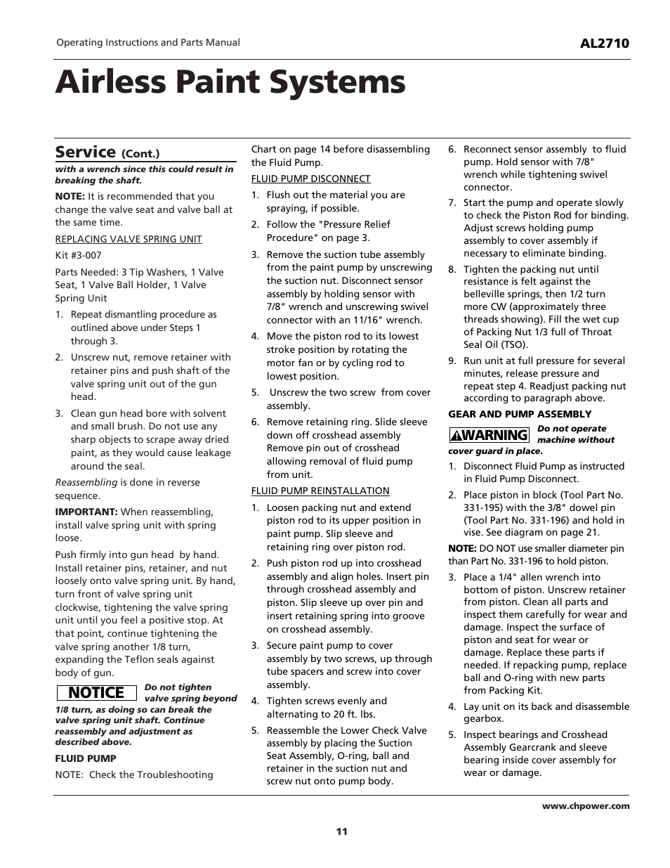 Airless paint systems, Service, Notice | Warning | Campbell Hausfeld AL2710 User Manual | Page 11 / 28