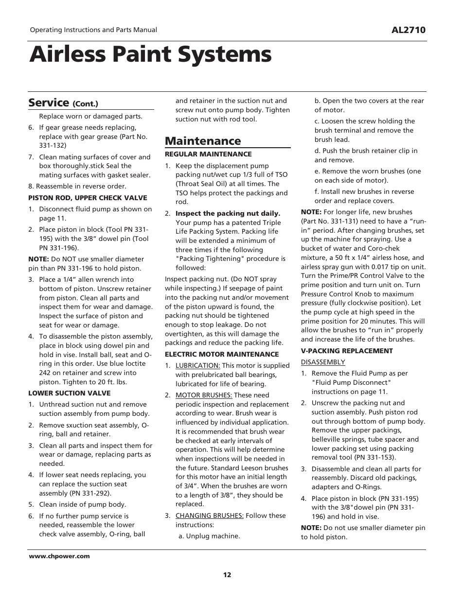 Airless paint systems, Service, Maintenance | Campbell Hausfeld AL2710 User Manual | Page 12 / 28