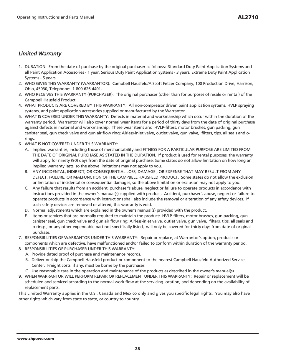 Limited warranty, Al2710 | Campbell Hausfeld AL2710 User Manual | Page 28 / 28
