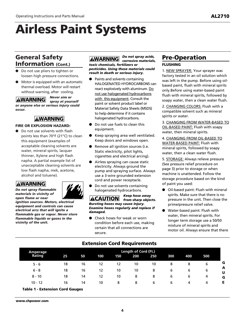 Airless paint systems, General safety information, Pre-operation | Caution, Warning | Campbell Hausfeld AL2710 User Manual | Page 4 / 28