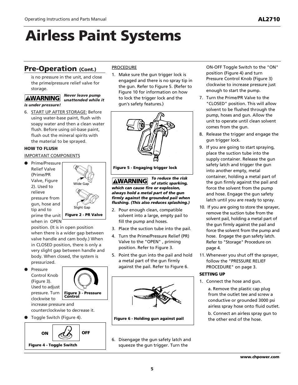 Airless paint systems, Pre-operation, Warning | Al2710 | Campbell Hausfeld AL2710 User Manual | Page 5 / 28