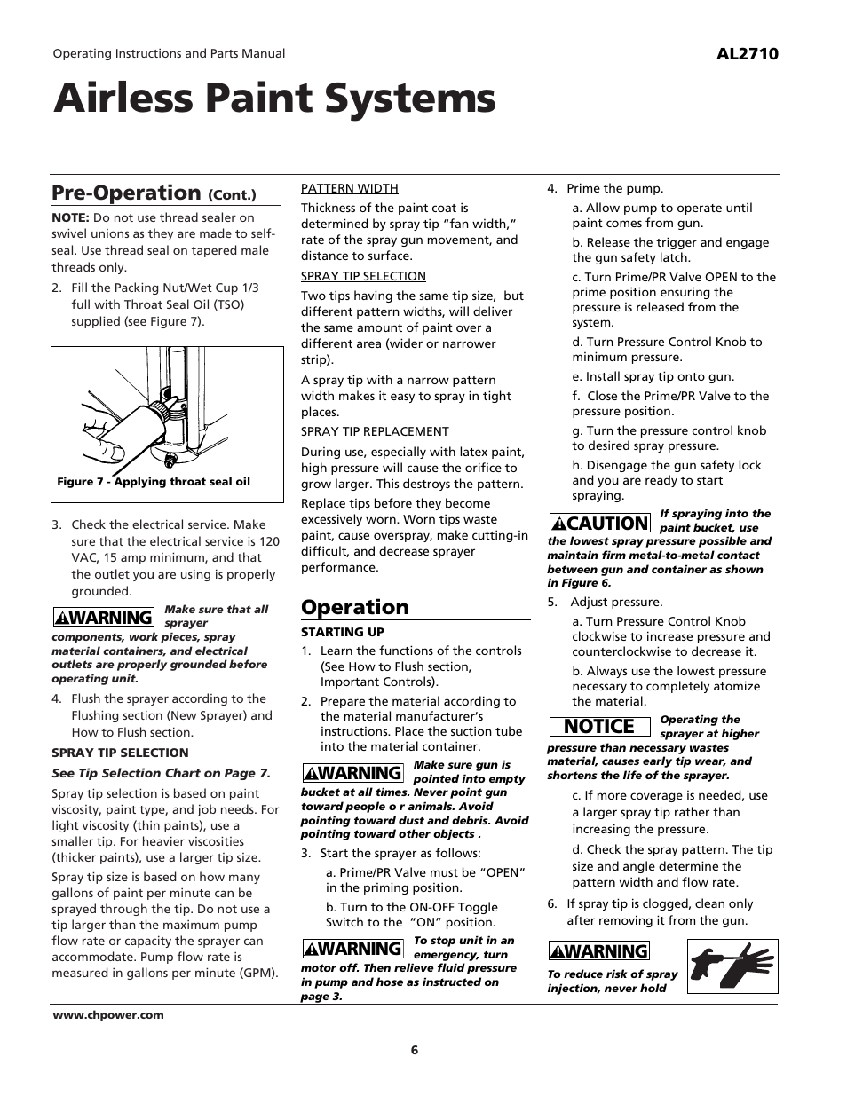 Airless paint systems, Pre-operation, Operation | Notice, Caution, Warning | Campbell Hausfeld AL2710 User Manual | Page 6 / 28