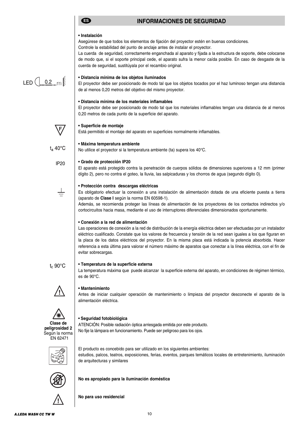 Informaciones de seguridad | Clay Paky A.LEDA WASH K20 TW User Manual | Page 10 / 32