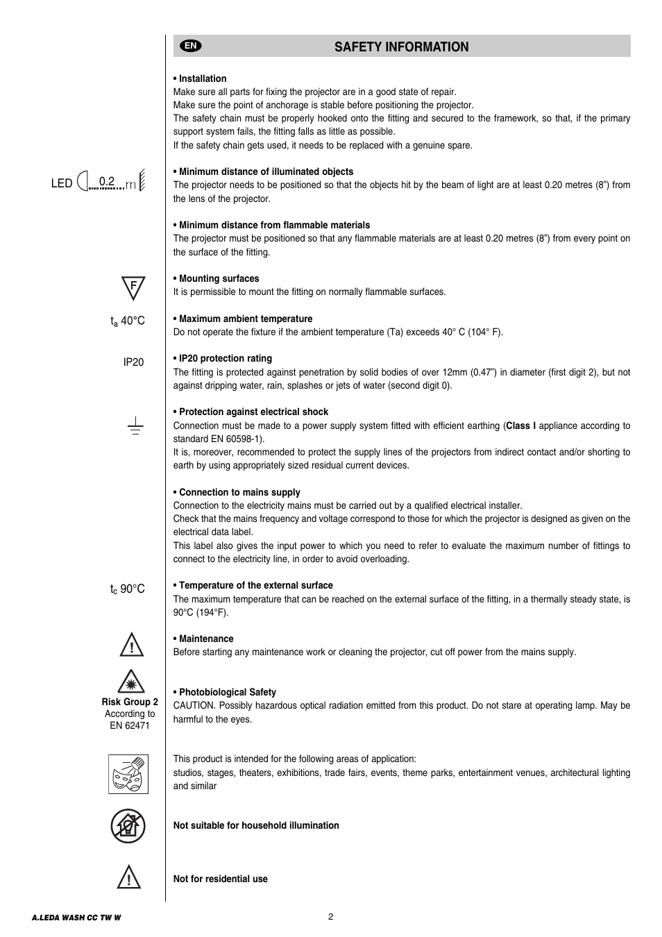 Safety information | Clay Paky A.LEDA WASH K20 TW User Manual | Page 2 / 32
