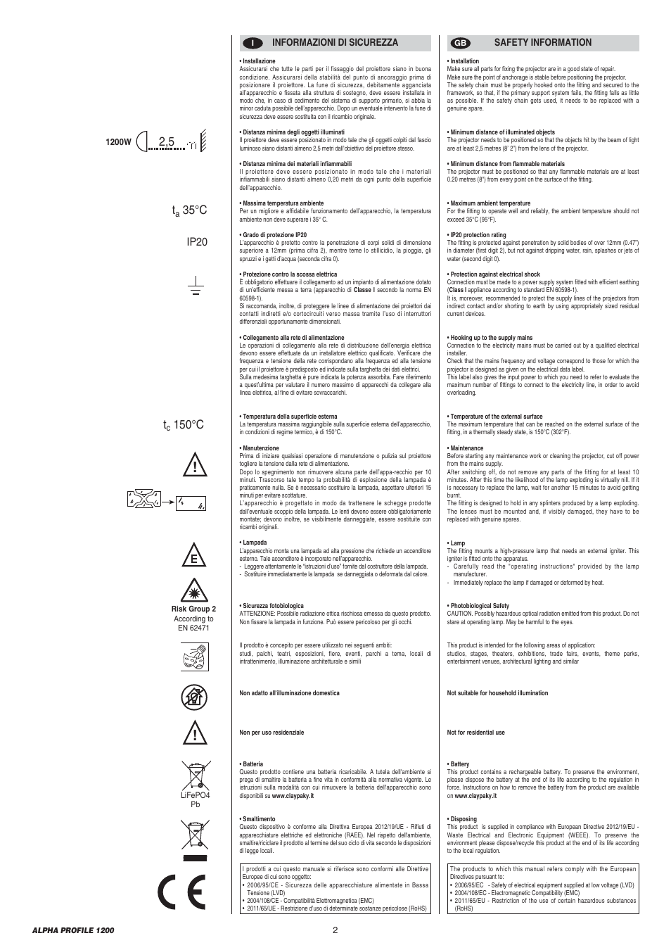 35°c t, 150°c, Ip20 | Clay Paky ALPHA PROFILE 1200 User Manual | Page 2 / 48