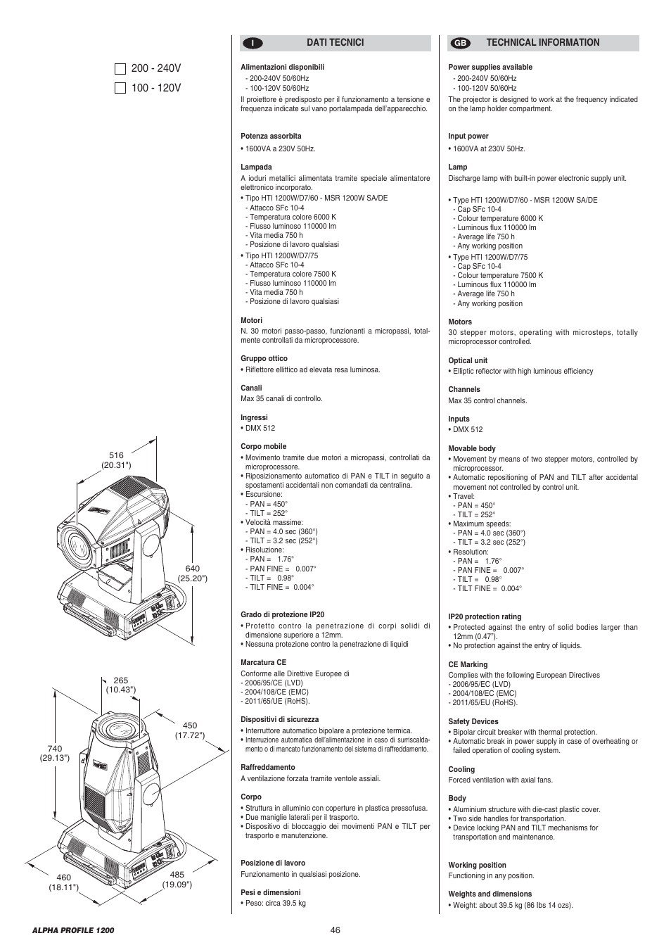 Clay Paky ALPHA PROFILE 1200 User Manual | Page 46 / 48