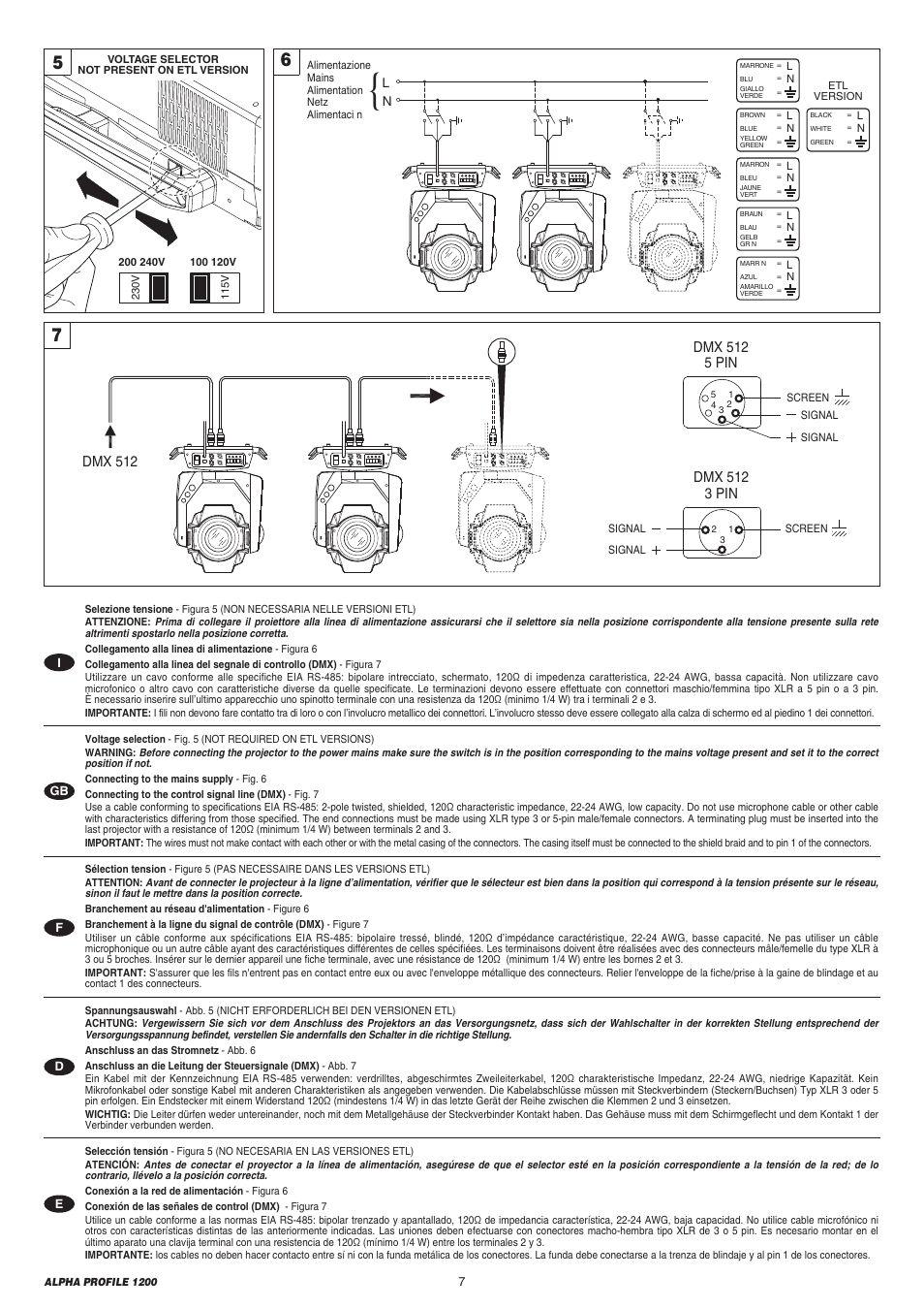 Dmx 512 5 pin, Dmx 512 3 pin, Dmx 512 | Clay Paky ALPHA PROFILE 1200 User Manual | Page 7 / 48