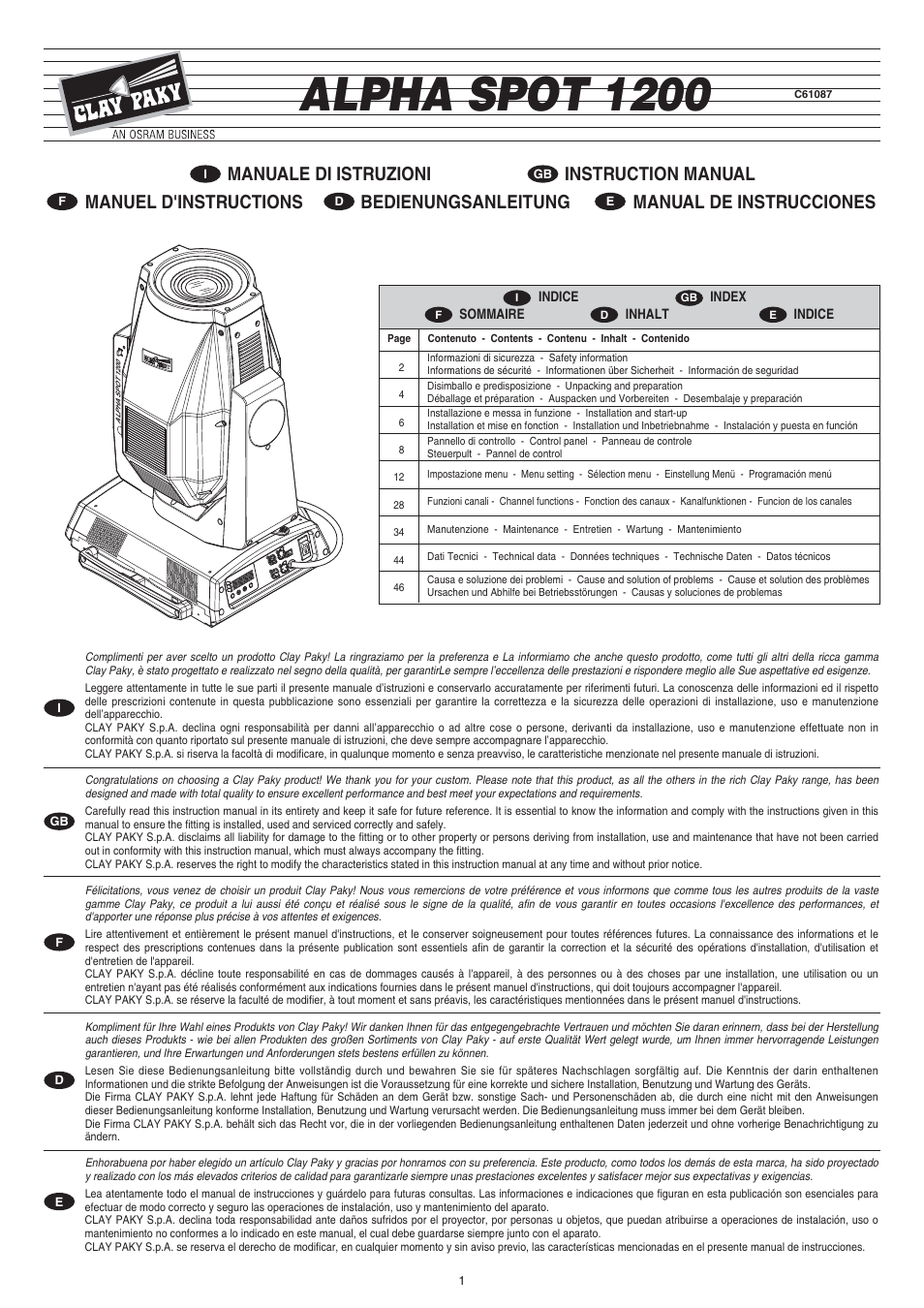 Clay Paky ALPHA SPOT 1200 User Manual | 47 pages