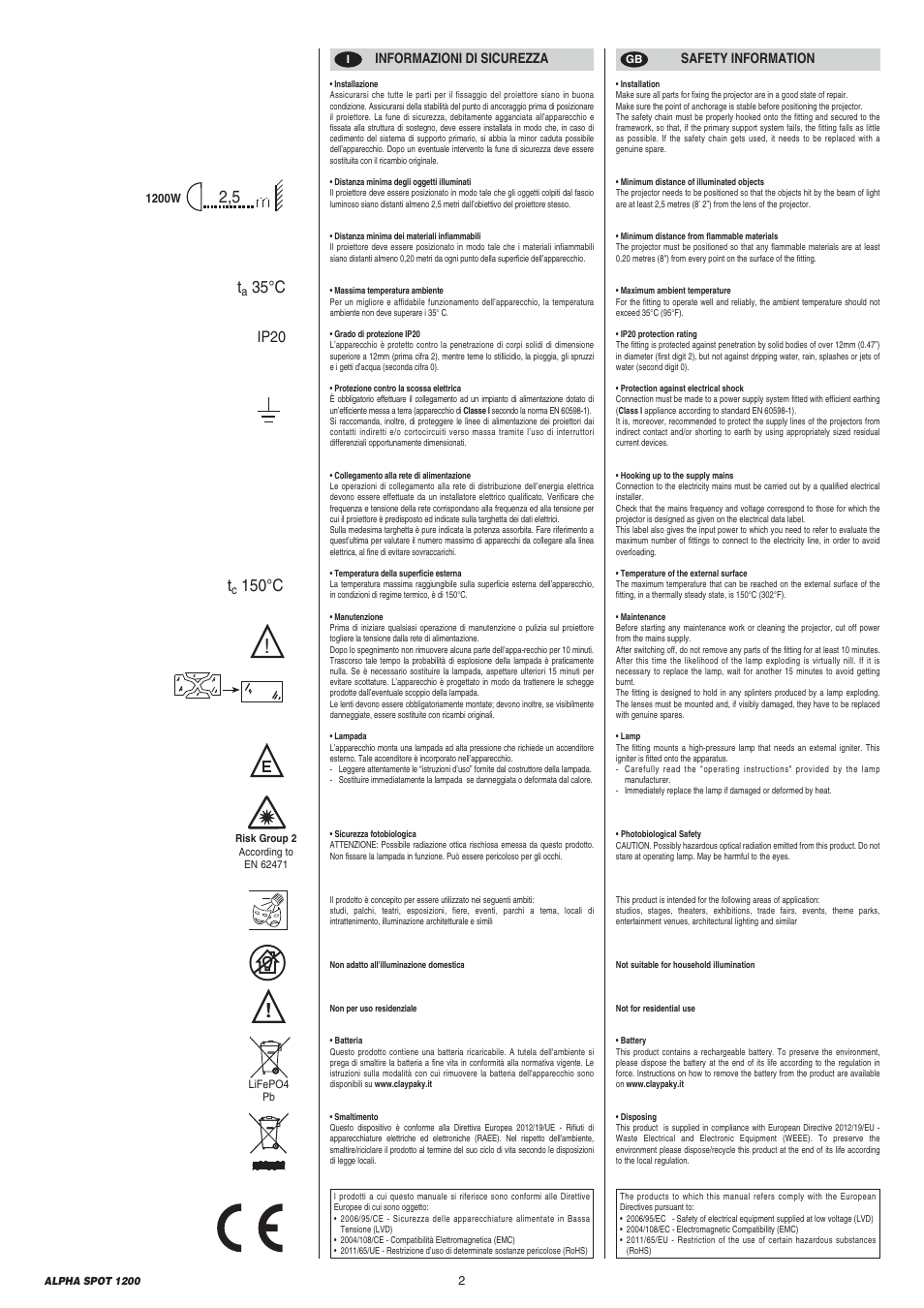 35 °c t, 150 °c, Ip20 | Clay Paky ALPHA SPOT 1200 User Manual | Page 2 / 47