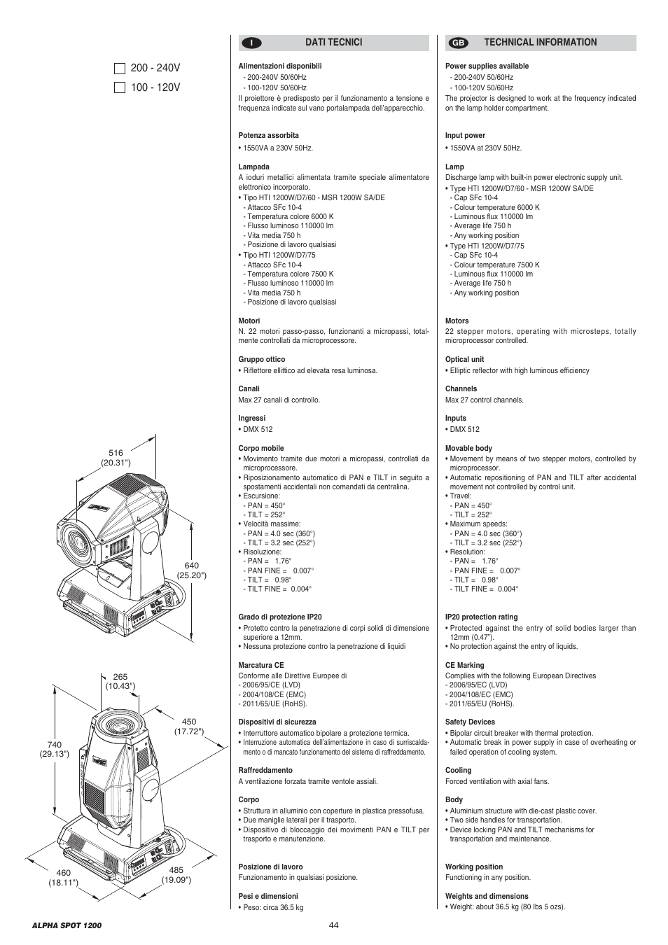 Clay Paky ALPHA SPOT 1200 User Manual | Page 44 / 47