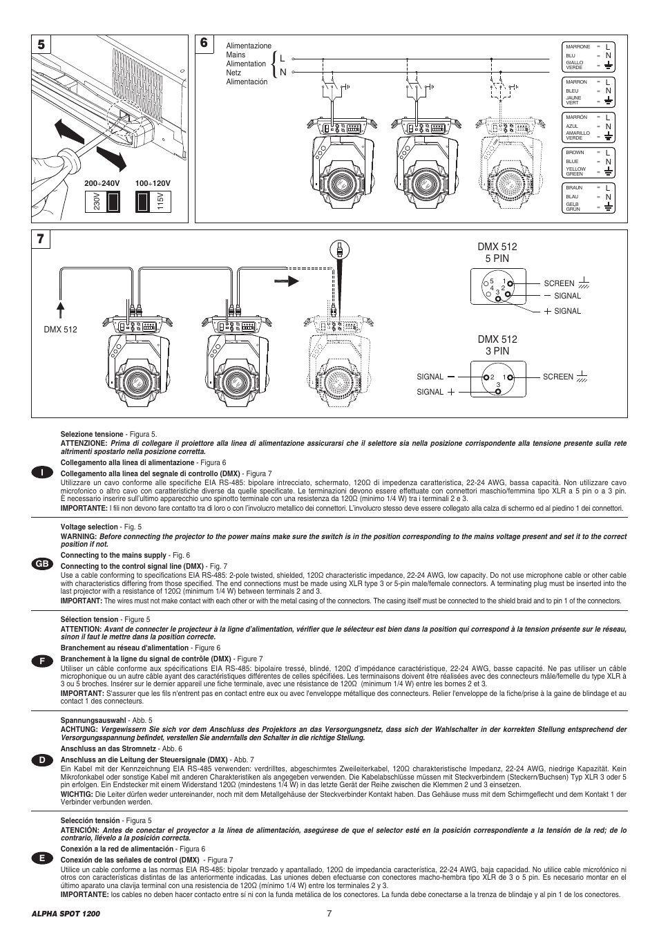 Dmx 512 5 pin, Dmx 512 3 pin | Clay Paky ALPHA SPOT 1200 User Manual | Page 7 / 47