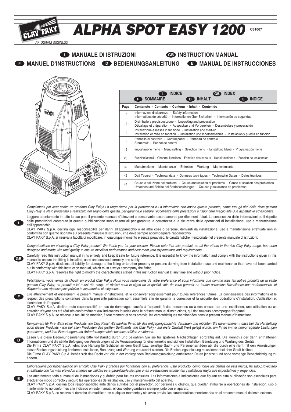 Clay Paky ALPHA SPOT EASY 1200 User Manual | 44 pages