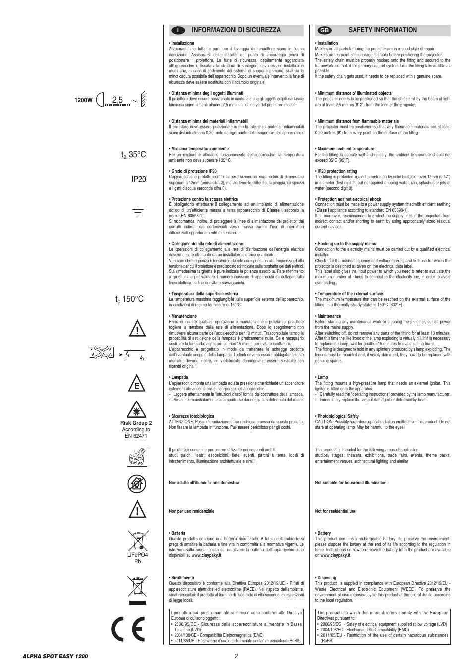 35°c t, 150°c, Ip20 | Clay Paky ALPHA SPOT EASY 1200 User Manual | Page 2 / 44