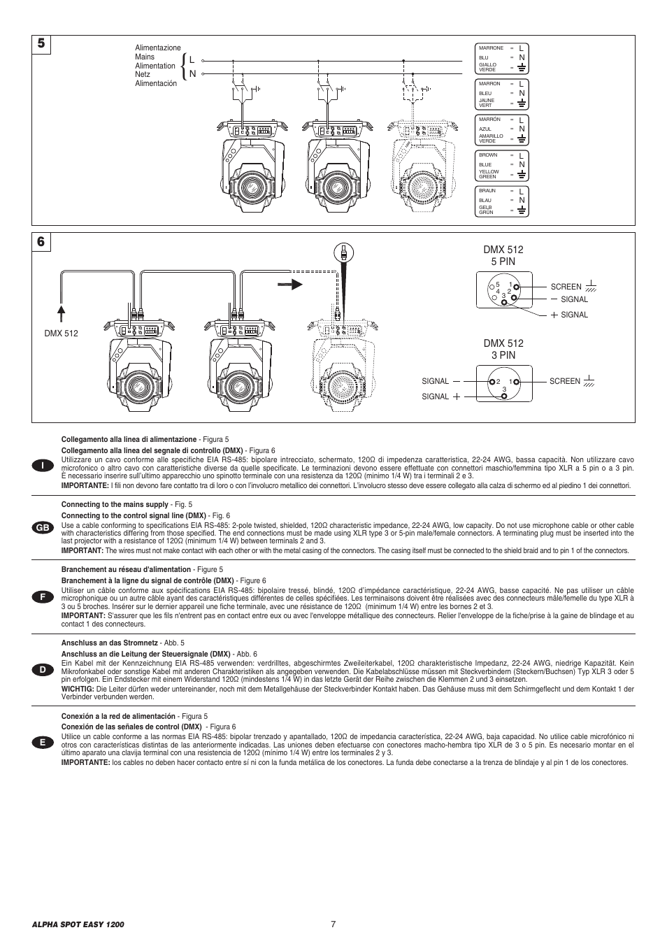 Dmx 512 5 pin, Dmx 512 3 pin | Clay Paky ALPHA SPOT EASY 1200 User Manual | Page 7 / 44
