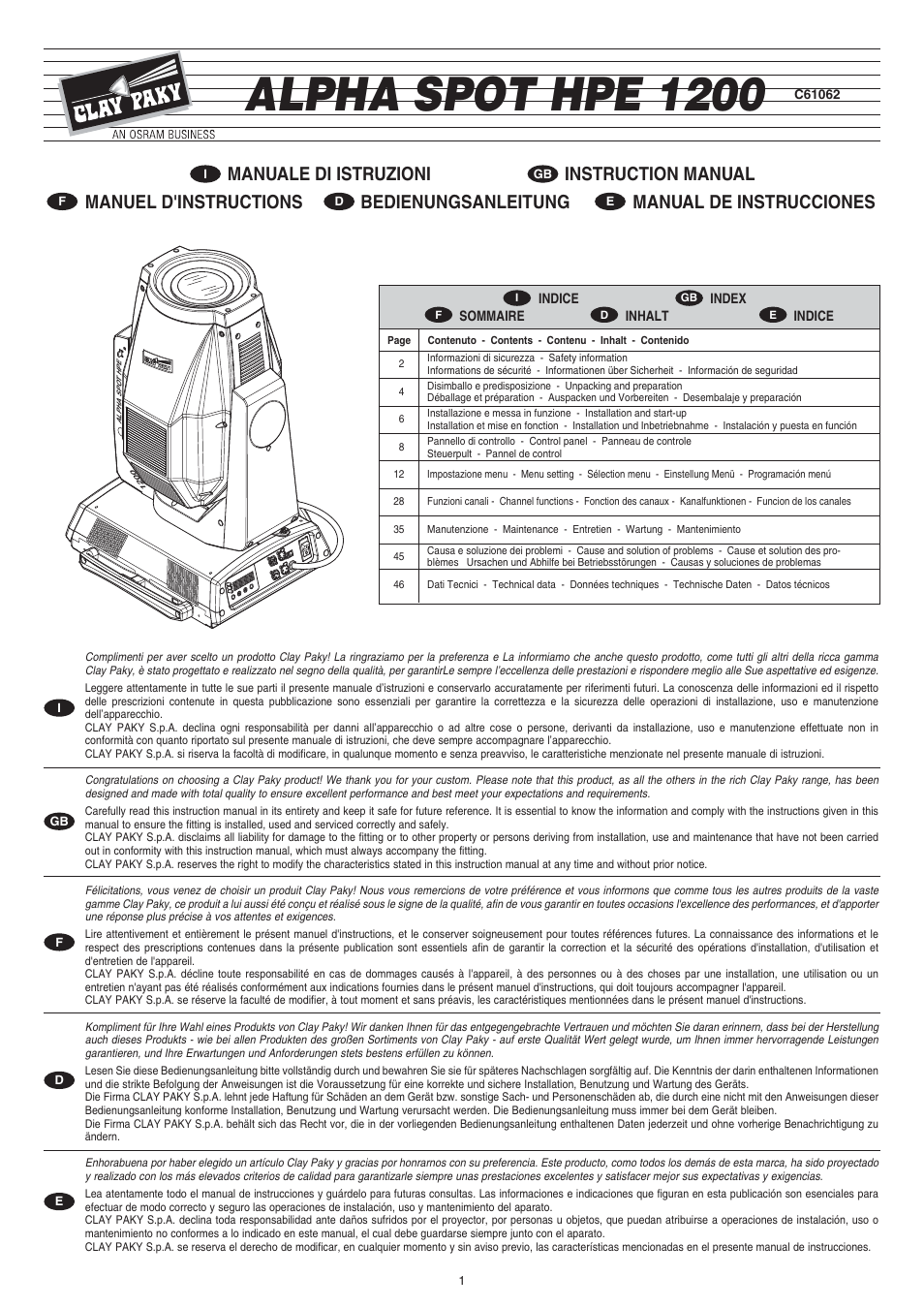 Clay Paky ALPHA SPOT HPE 1200 User Manual | 48 pages