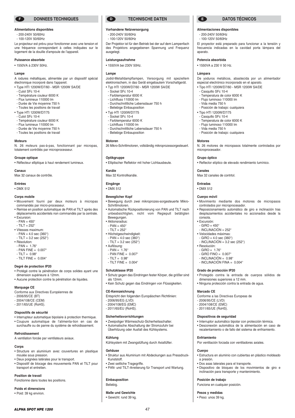 Clay Paky ALPHA SPOT HPE 1200 User Manual | Page 47 / 48