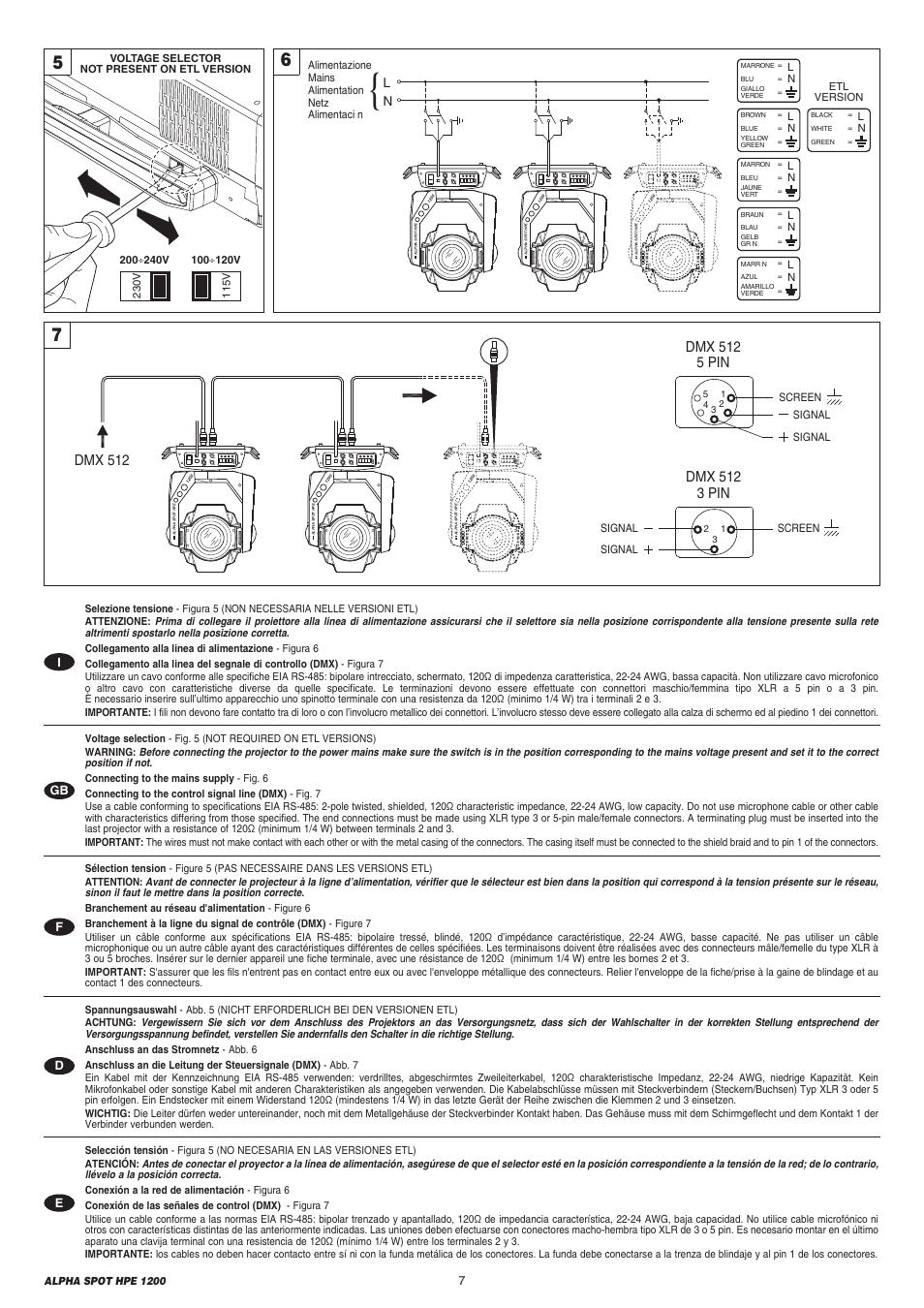 Dmx 512 5 pin, Dmx 512 3 pin, Dmx 512 | Se tx se l dm x, Se tx sel dm x | Clay Paky ALPHA SPOT HPE 1200 User Manual | Page 7 / 48