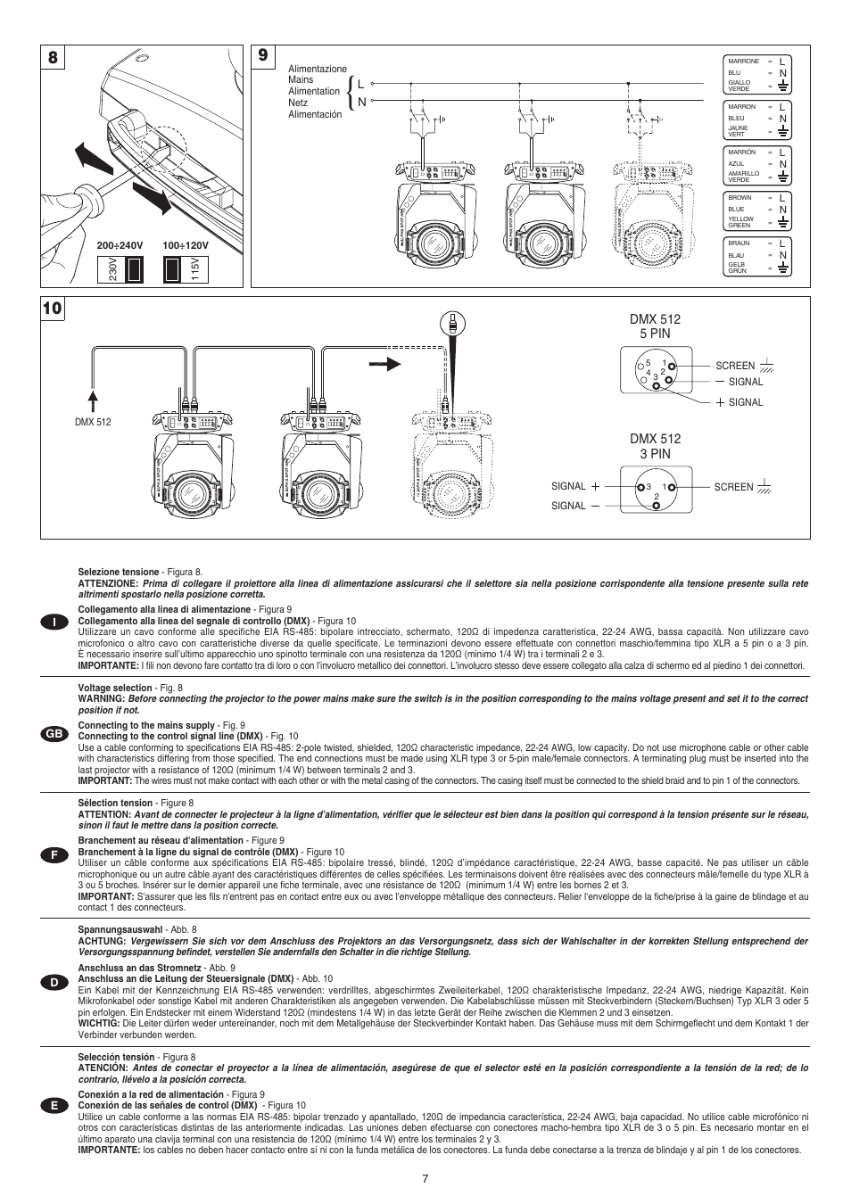 Dmx 512 5 pin, Dmx 512 3 pin | Clay Paky ALPHA SPOT HPE 575 User Manual | Page 7 / 44