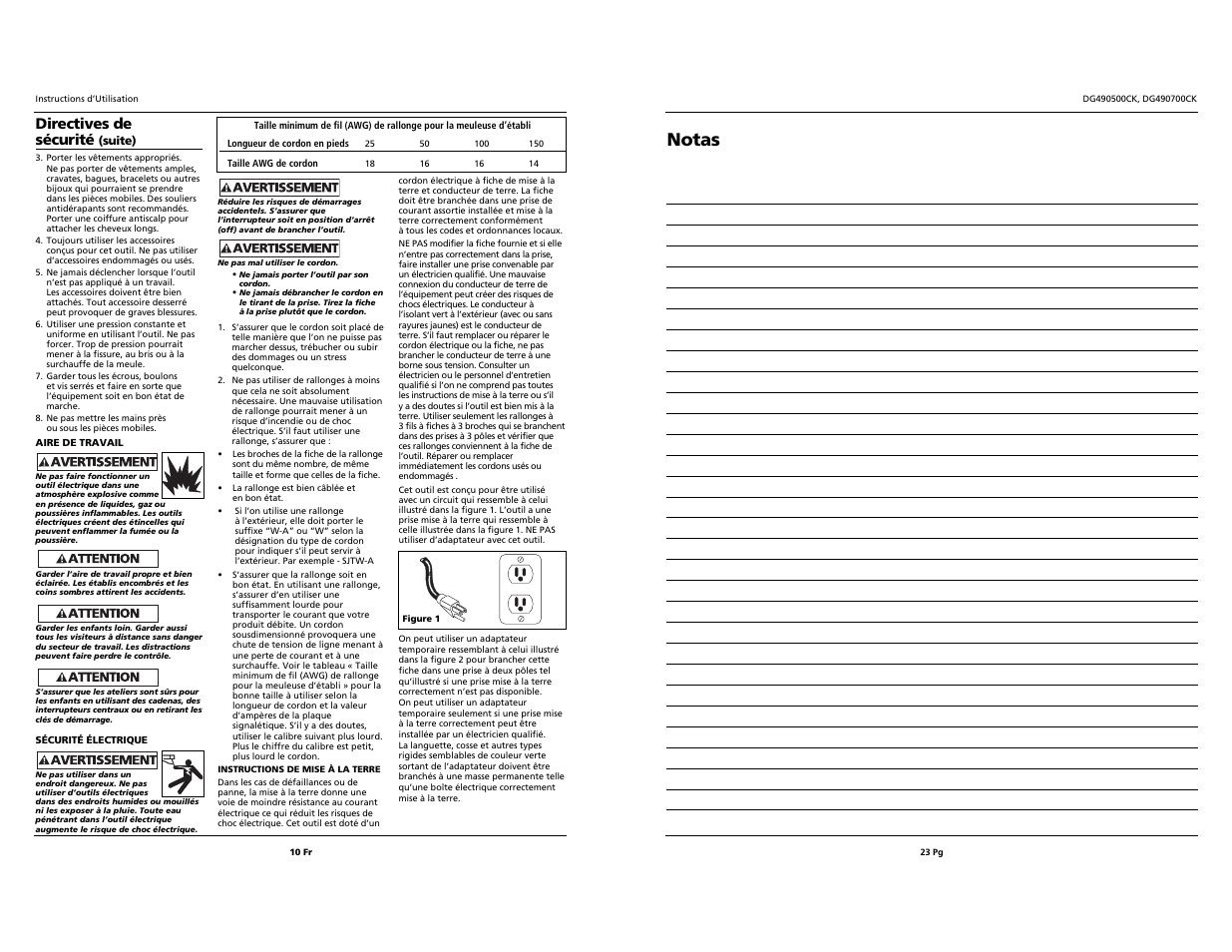 Notas, Directives de sécurité | Campbell Hausfeld DG490500CK User Manual | Page 10 / 16