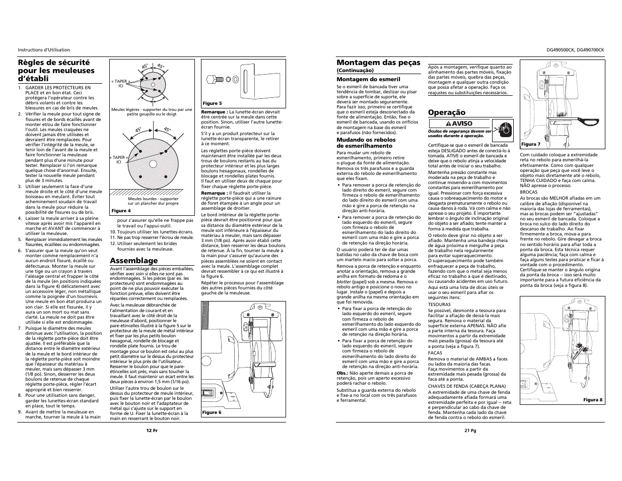 Montagem das peças, Operação, Règles de sécurité pour les meuleuses d’établi | Assemblage | Campbell Hausfeld DG490500CK User Manual | Page 12 / 16