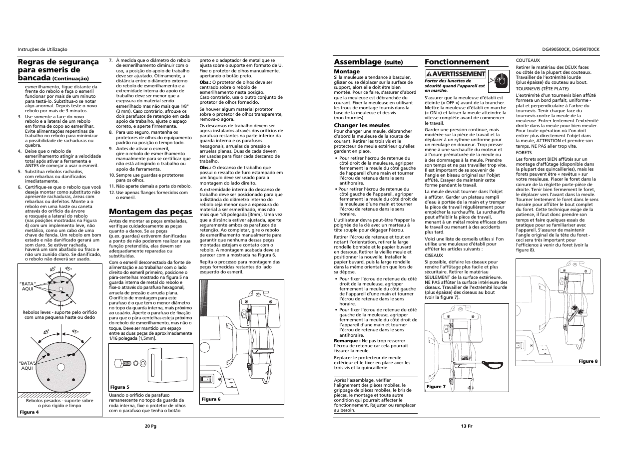 Regras de segurança para esmeris de bancada, Montagem das peças, Assemblage | Fonctionnement | Campbell Hausfeld DG490500CK User Manual | Page 13 / 16