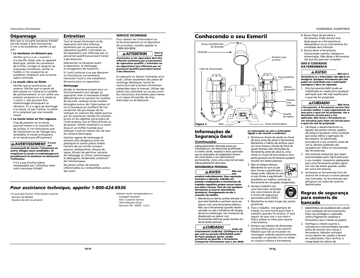 Conhecendo o seu esmeril, Informações de segurança geral, Regras de segurança para esmeris de bancada | Dépannage, Entretien | Campbell Hausfeld DG490500CK User Manual | Page 14 / 16