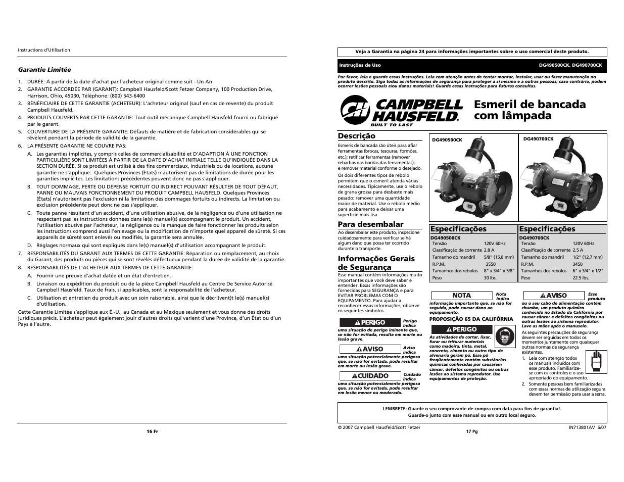 Esmeril de bancada com lâmpada, Descrição, Para desembalar | Informações gerais de segurança, Especificações | Campbell Hausfeld DG490500CK User Manual | Page 16 / 16