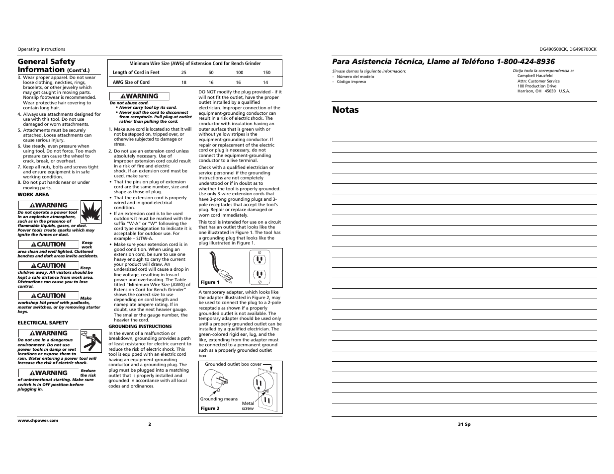 Notas, General safety information | Campbell Hausfeld DG490500CK User Manual | Page 2 / 16