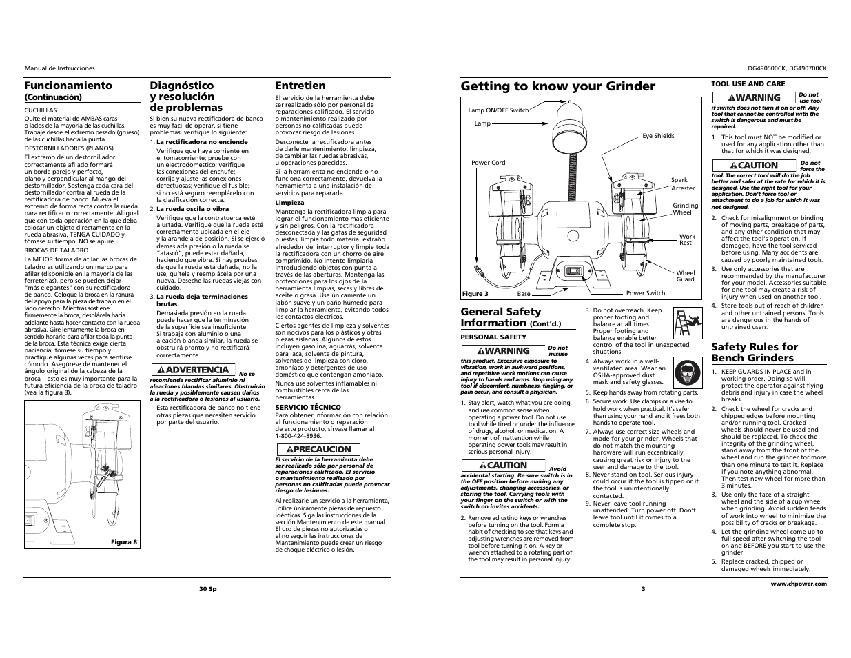 Getting to know your grinder, Funcionamiento, Diagnóstico y resolución de problemas | Entretien, General safety information, Safety rules for bench grinders | Campbell Hausfeld DG490500CK User Manual | Page 3 / 16