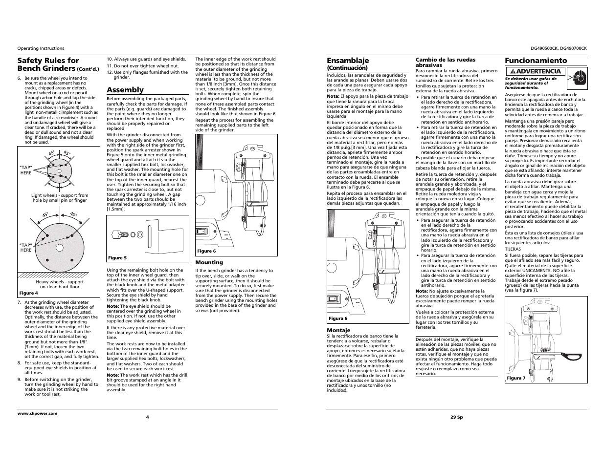 Ensamblaje, Funcionamiento, Safety rules for bench grinders | Assembly | Campbell Hausfeld DG490500CK User Manual | Page 4 / 16