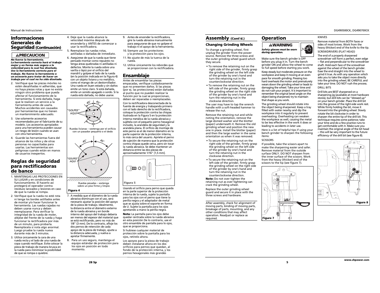 Informaciones generales de seguridad, Reglas de seguridad para rectificadoras de banco, Ensamblaje | Assembly, Operation | Campbell Hausfeld DG490500CK User Manual | Page 5 / 16