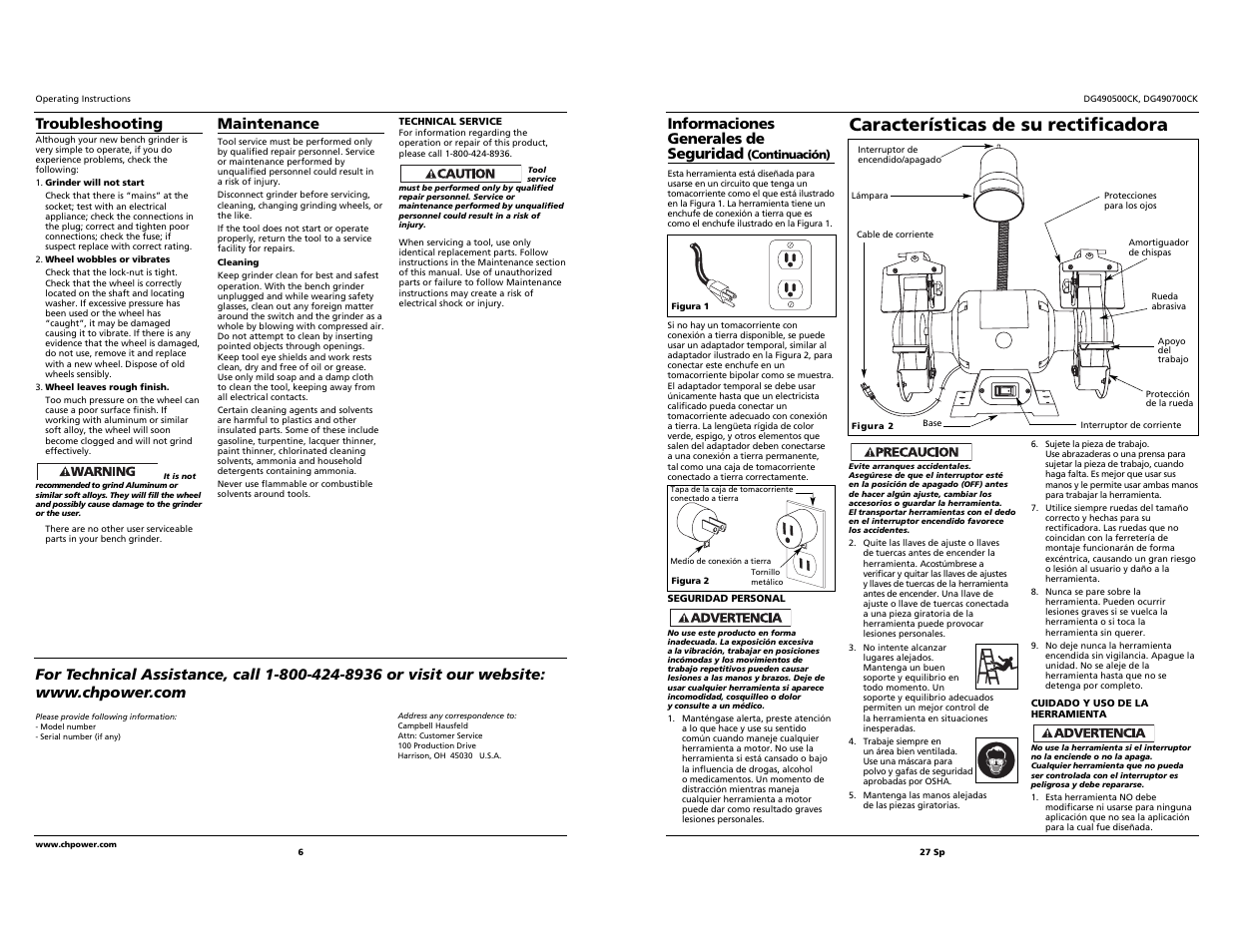 Características de su rectificadora, Informaciones generales de seguridad, Troubleshooting | Maintenance | Campbell Hausfeld DG490500CK User Manual | Page 6 / 16