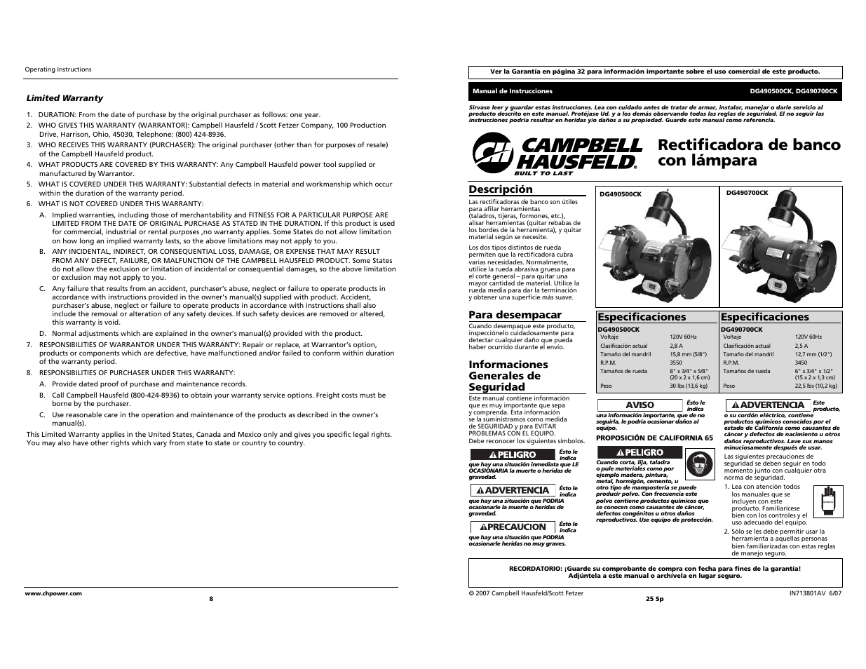 Rectificadora de banco con lámpara, Descripción, Para desempacar | Informaciones generales de seguridad, Especificaciones | Campbell Hausfeld DG490500CK User Manual | Page 8 / 16