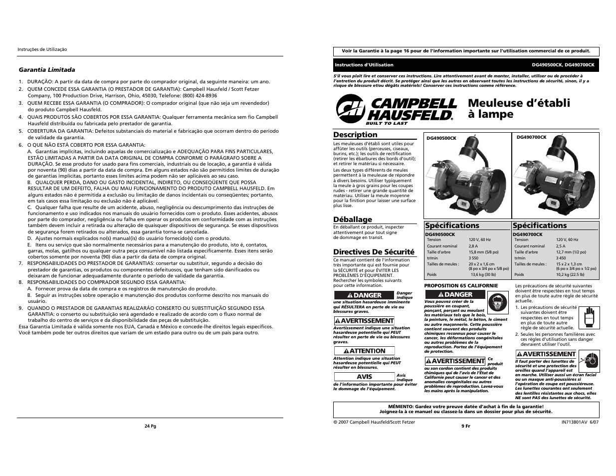 Meuleuse d’établi à lampe, Description, Déballage | Directives de sécurité, Spécifications | Campbell Hausfeld DG490500CK User Manual | Page 9 / 16