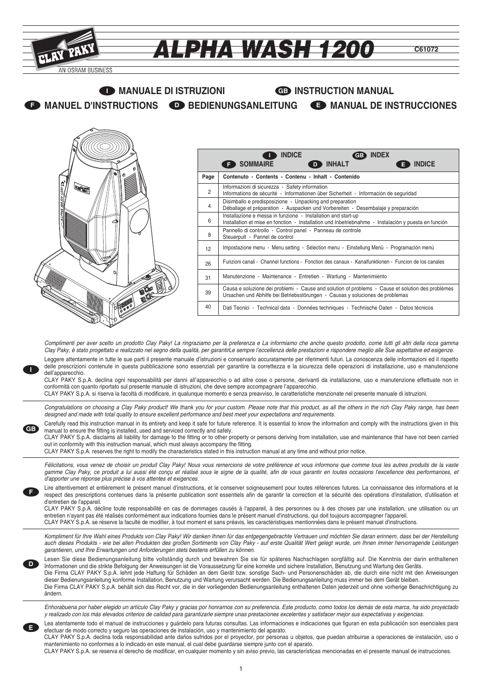 Clay Paky ALPHA WASH 1200 User Manual | 44 pages