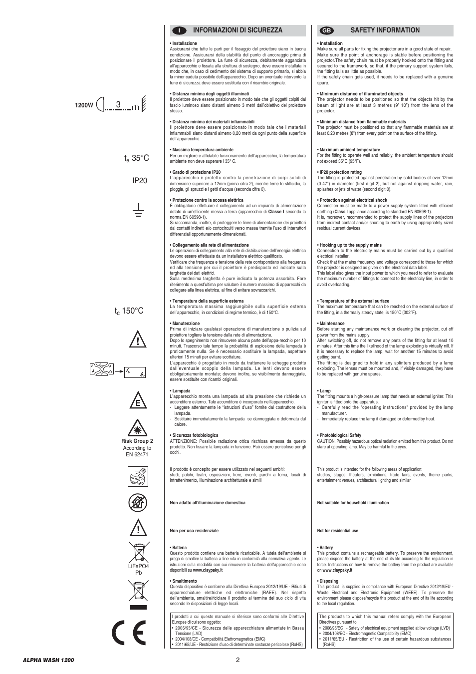 35°c t, 150°c, Ip20 | Informazioni di sicurezza safety information | Clay Paky ALPHA WASH 1200 User Manual | Page 2 / 44