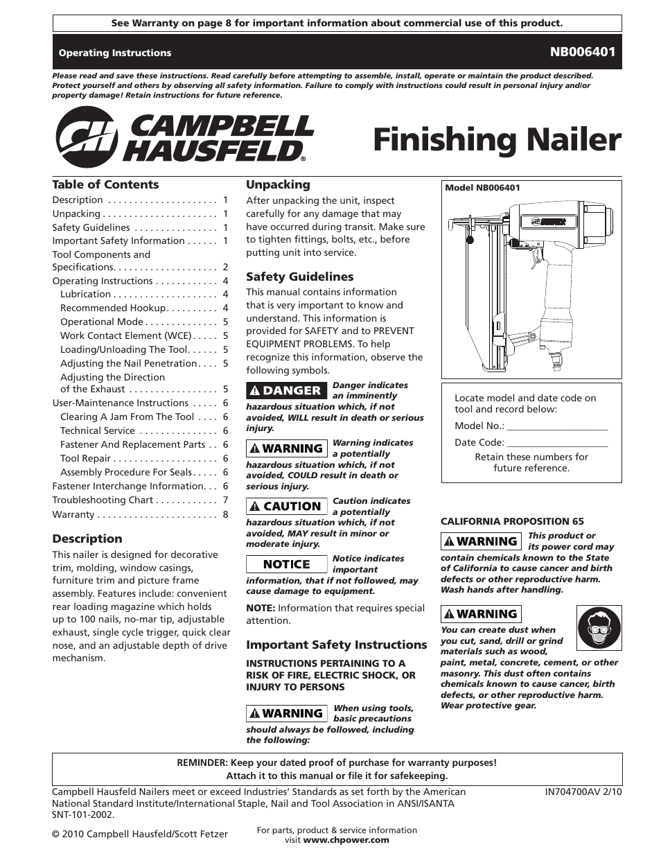 Campbell Hausfeld IN704700AV User Manual | 24 pages