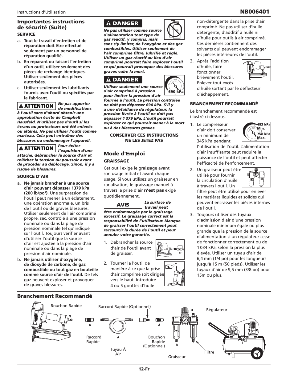 Importantes instructions de sécurité (suite), Mode d’emploi, Branchement recommandé | Campbell Hausfeld IN704700AV User Manual | Page 12 / 24