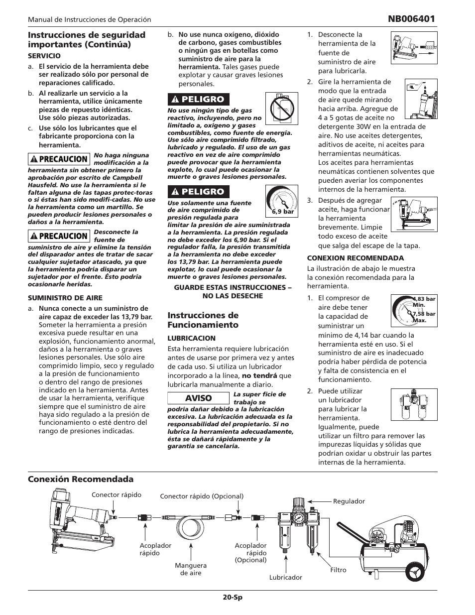 Instrucciones de funcionamiento, Instrucciones de seguridad importantes (continúa), Conexión recomendada | Campbell Hausfeld IN704700AV User Manual | Page 20 / 24