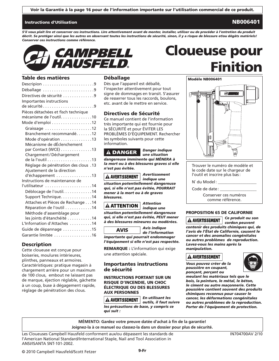 Cloueuse pour finition | Campbell Hausfeld IN704700AV User Manual | Page 9 / 24