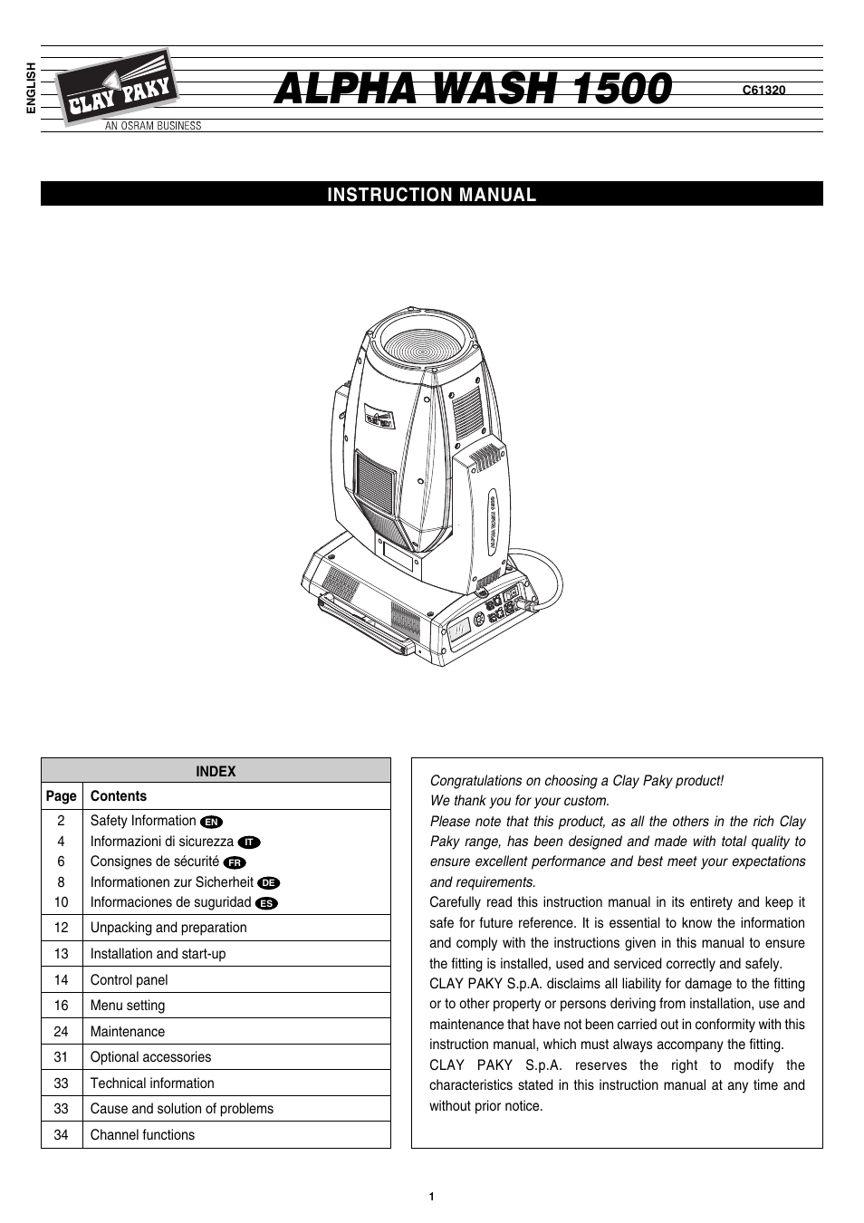 Clay Paky ALPHA WASH 1500 User Manual | 40 pages