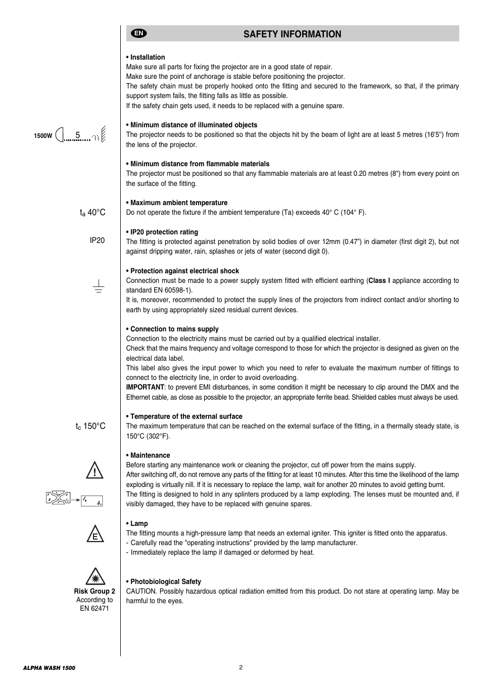 2 safety information, Safety information | Clay Paky ALPHA WASH 1500 User Manual | Page 2 / 40