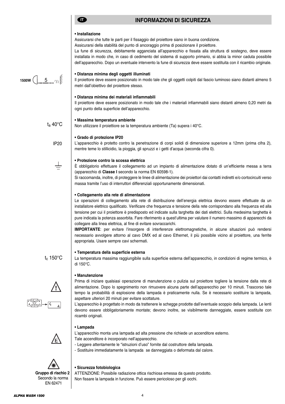 Informazioni di sicurezza | Clay Paky ALPHA WASH 1500 User Manual | Page 4 / 40